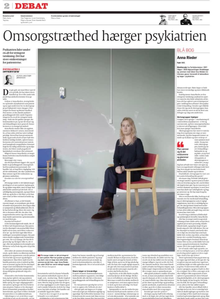 Forfatter Anna Rieder fra Center for Kunst og Mental Sundhed sætter i Politiken ord på sine egne oplevelser fra psykiatrien og efterlyser mere omsorg og opmærksomhed på det enkelte menneske